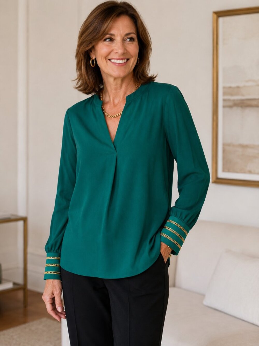 NWT Chico’s Chain Cuff Blouse Textured Crepe Top Bright Jade Quiet Luxury Office